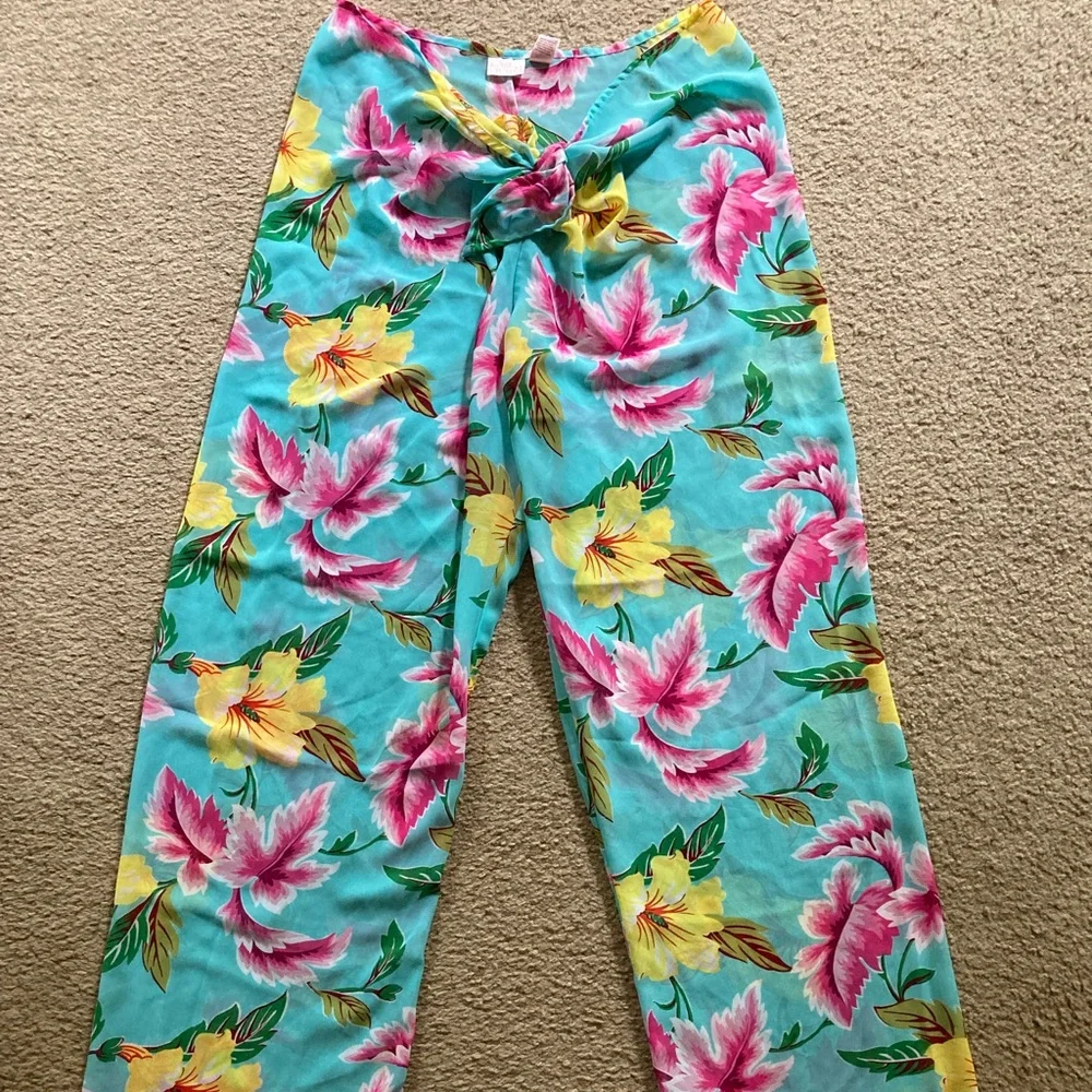 VTG Victoria’s Secret Sheer Tropical Floral Tie Front Flowy Sarong Like Pants, M